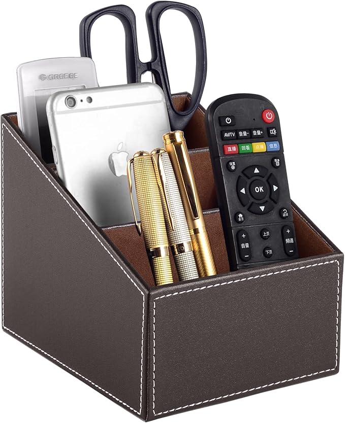 TV Remote Control Organizer/Caddy with 3 Compartments,PU Leather Remote Holder Bedside Table Top, Storage Box, Mobile Phone and Media Accessory Storage,Desk Organizers(brown)