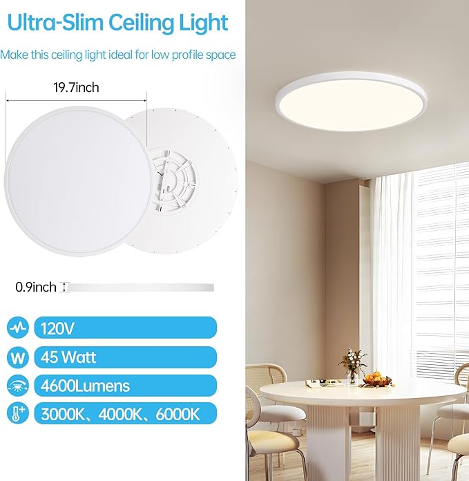 20 Inch Large LED Flush Mount Ceiling Light Fixture,45W,4600LM,3000K/4000K/6000K CCT Selectable,0.9 inch Super Slim Round Ceiling Light for Bedroom,Hallway,Kitchen (Dimmable White 2PK)