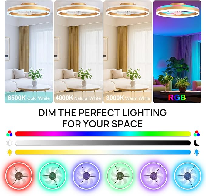 RGB Ceiling Fans with Lights, 20" Fandelier Low Profile Ceiling Fan with Light, Modern Flush Mount Ceiling Fan Light with Remote/APP Control, Bedroom Chandelier Fan Fixture for Indoor(Gold)