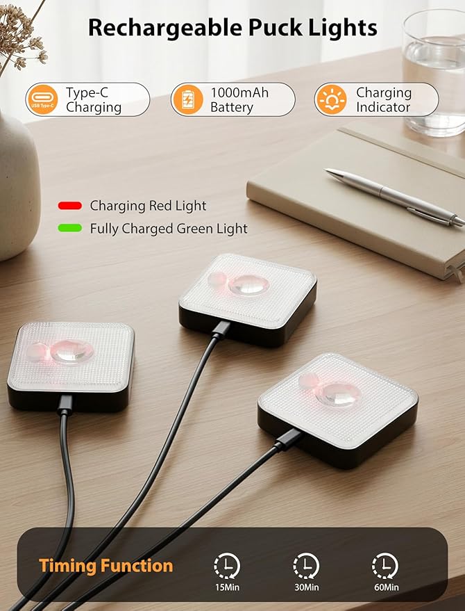 GBEAST 6 Pack Under Cabinet Lighting, Puck Lights with Remote, Motion Sensor Light Indoor, 3 Color Temps & 9 RGB Dimmable Closet Light, Rechargeable Cabinet Lights for Kitchen, Bedroom, Shelf(Black)