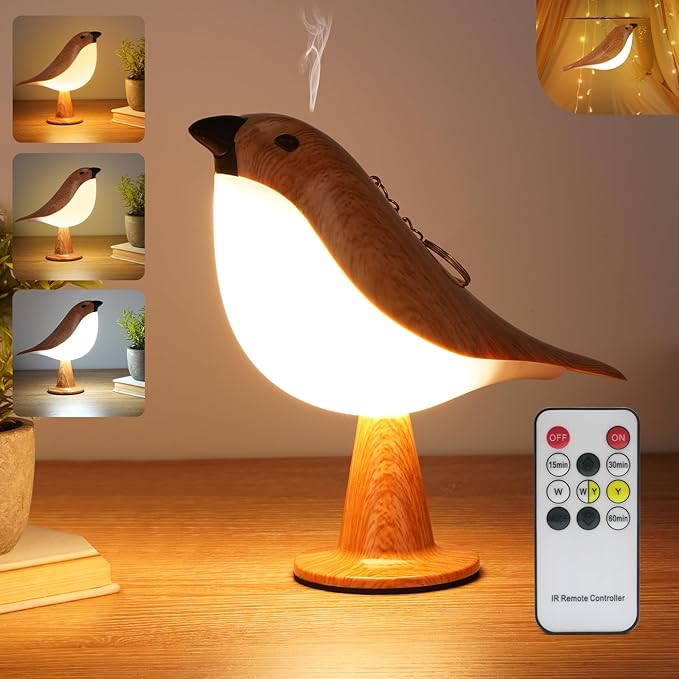 Small Bird Table Lamp, 2600mAh Touch Cordless Bedside Lamp with Remote Control, 3-Color Dimmable Kids Night Light, Rechargeable Desk Lamp with Timer and Bird Sounds for Toddler Kids Bedroom Nightstand