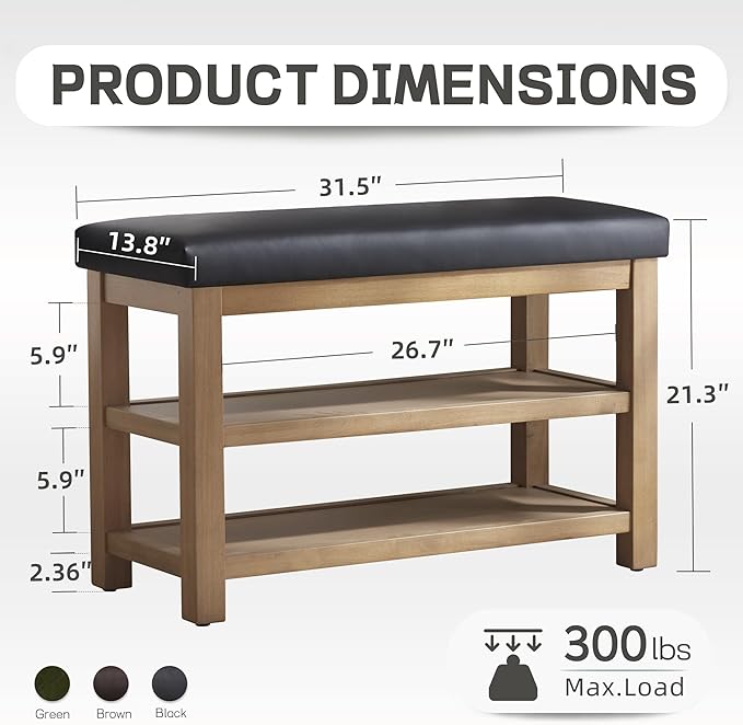 Shoe Rack Bench with Leather Cushion, 2 Tier Solid Wood Storage Bench, Mid-Century Modern Shoe Bench for Entryway, Hallway, Closet, Front Door Entrance, Foyer (Black, 31.5)