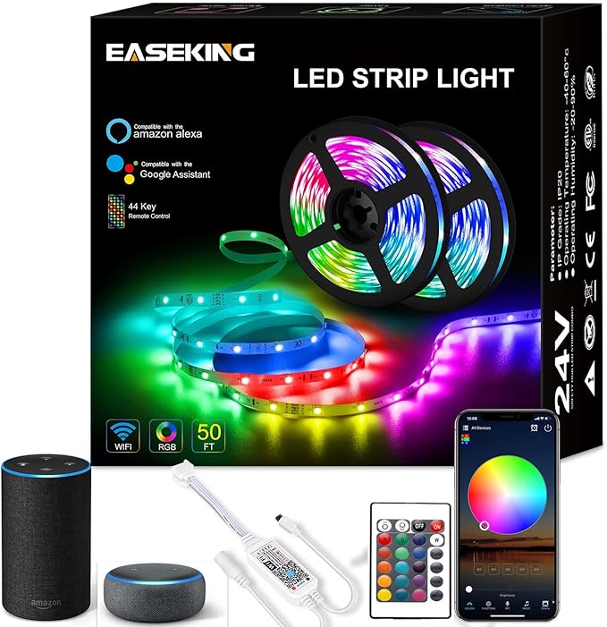 50ft WiFi LED Strip Lights - Music Sync RGB Color Changing for Bedroom WiFi APP for Controlling Decorative for Party, Christmas, Wedding for Indoor (WiFi Smart)