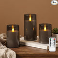 Raycare Flameless Electronic Pillar Candles with Remote Control and Timer- Battery Operated Realistic Flickering LED Fake Candle for Home, Wedding, Valentine's Day Decor, Grey,Set of 3(3"x4"5" 6")
