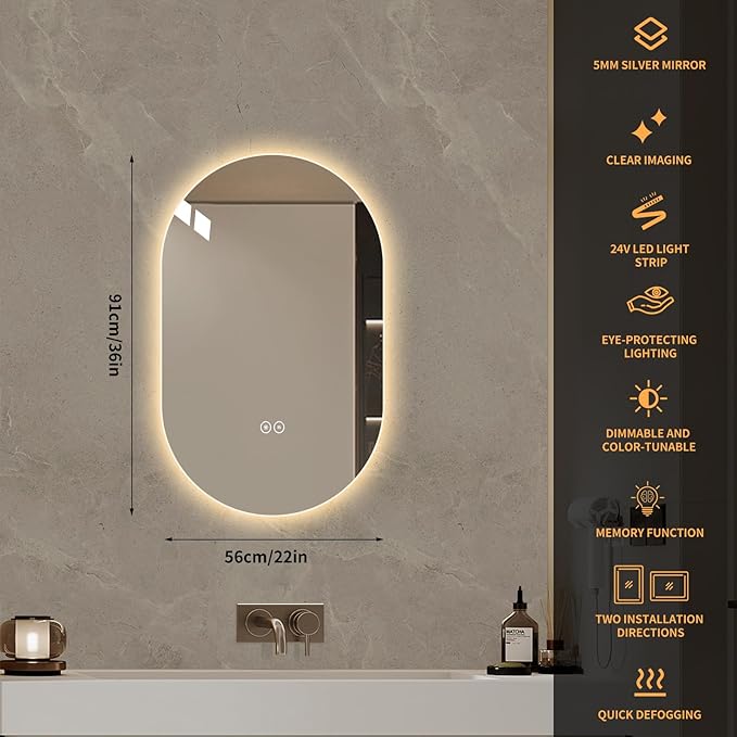 LAIYA 24V Full-Power Oval LED Bathroom Vanity Mirror,36X22inch Frameless Backlit Mirror with Light, Smart Anti-Fog Waterproof Mirror with Memory Function Dimmable Lighted Mirror