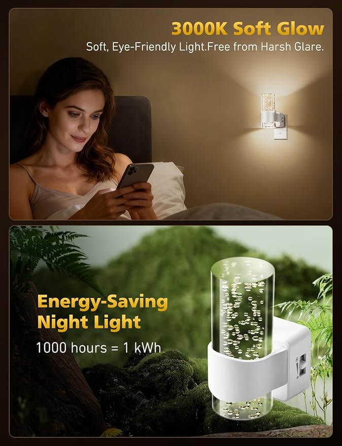 Night Lights Plug into Wall, Dimmable LED Night Light with Dusk to Dawn Sensor, Plug in Night Light Brightness Adjustable, 2 Pack 3000K Acrylic Nightlight for Bathroom Hallway
