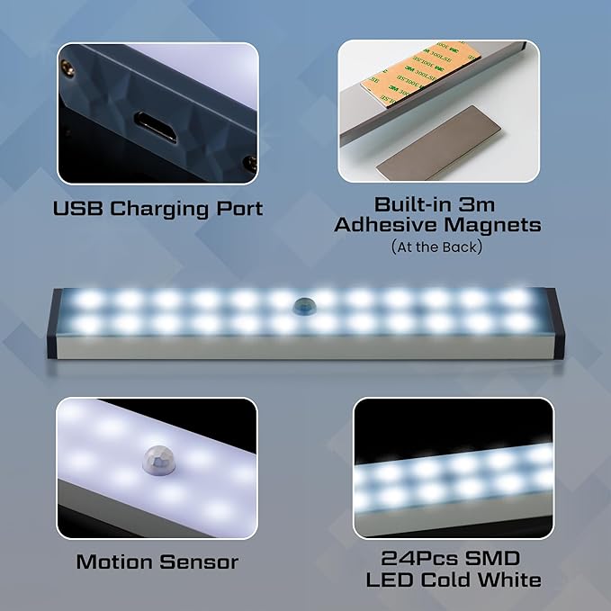 Moss & Stone 3 Pack Motion Sensor Under Counter Lights, Wireless USB Rechargeable Kitchen Night Lights 24-LED, Magnetic Self-Adhesive for Cabinet Lighting & Cupboard Motion Activated Night Light Bar