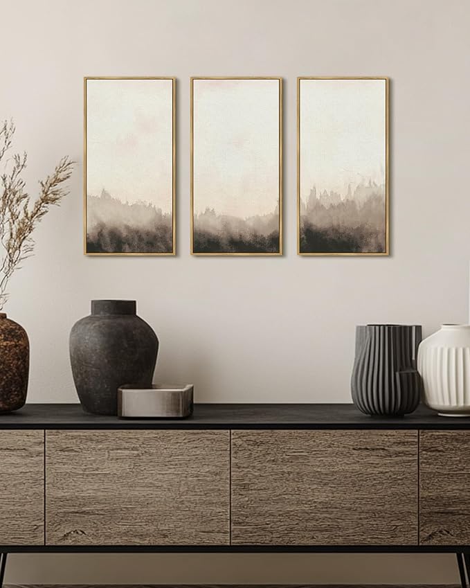 KUVIOKE Abstract Wall Art Minimalism Gray Ink Painting Modern Landscape Artwork for Bedroom living Room Dining room Kitch 8x16in3pcs Natural Framed