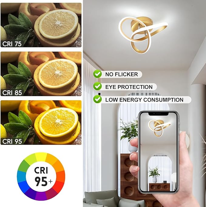 Modern LED Ceiling Light,25cm 22W Flower Shape Gold LED Ceiling Lights, 6000K Cool White Light Lamp, Modern Ceiling Lights for Living Room, Bedroom, Kitchen, Hallway, Office - Brushed Gold
