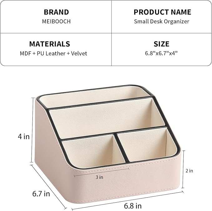 Remote Control Holder, PU Leather Small Desk Organizer with 4 Compartments, Nightstand Organizer Desk Caddy for Remote, Notepad, Phone, Glasses, and Accessories (Pink)