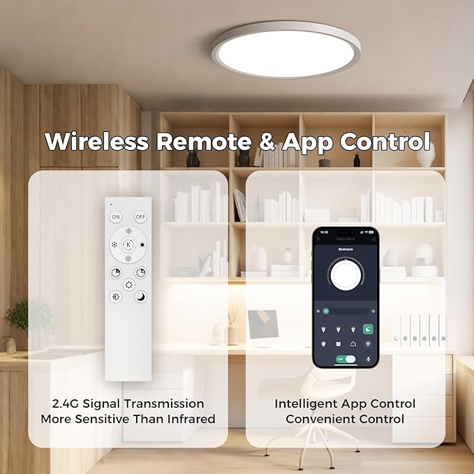 12in Flush Mount Ceiling Light with Remote Control,3CCT 3000-6500K Dimmable,Round Ultra-Thin Plafonnier with Smart App Control,24W 2400LM Ceiling Light for Bedroom/Living Room/Bathroom