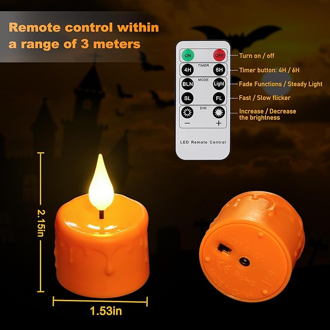 6 pcs Halloween Orange LED Tea Light Candles Rechargeable Flickering Flameless Pumpkins Lantern Tealights with Remote for Fall Thanksgiving Christmas Decor (Orange)