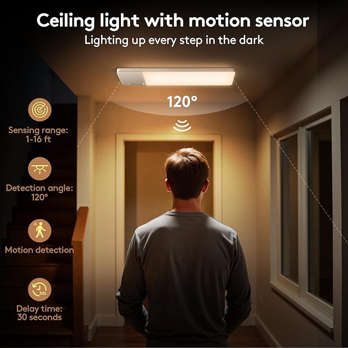 SNADER Rechargeable Motion Sensor Ceiling Light with Remote -12000mAh Battery Operated Ceiling Light Wireless - Motion Sensor Light Indoor for Closet, Bathroom, Garage, Stair, Hallway (1, 3 Colors)