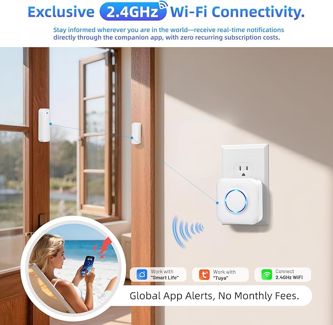 Smart WiFi Door Sensor Window Sensor, Contact Sensor Alarm for Home Automation & Kids Safety, Door Open Reminder, App Alerts, 500ft Range, 32 Ringtones, 5 Adjustable Volumes
