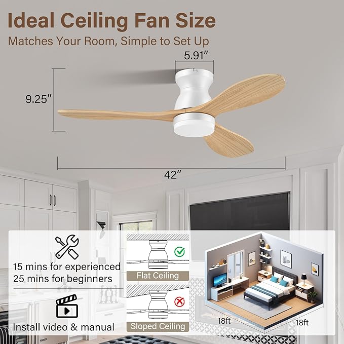 42" Smart Ceiling Fans with Lights Remote,Control via Wifi Alexa Voice,Natural Wood White Flush Mount Ceiling Fan,Quiet DC Motor,3 Blade,Outdoor Indoor Low Profile Fan for Bedroom,Living Room,Patio
