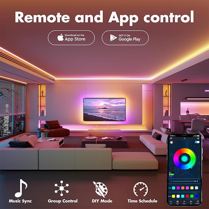 Led Lights for Bedroom 200FT Smart IC+RGB, Music Sync Color Changing Strip Lights, 24Key Remote+App Control Light Strip for BedHead,Underbed,Ceiling,Background Wall(2Rolls of 100FT)