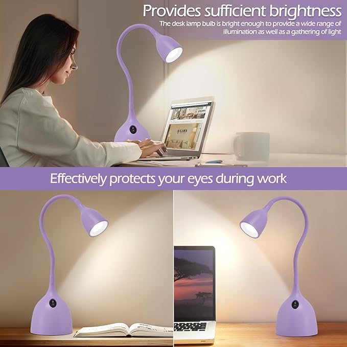 Gooseneck Desk Lamp 360° LED Flexible Reading Light Small Desk Lamps for Small Spaces Home Office Bedroom College Dorm Desk Bookshelf Nightstand Table Lamp (Purple)
