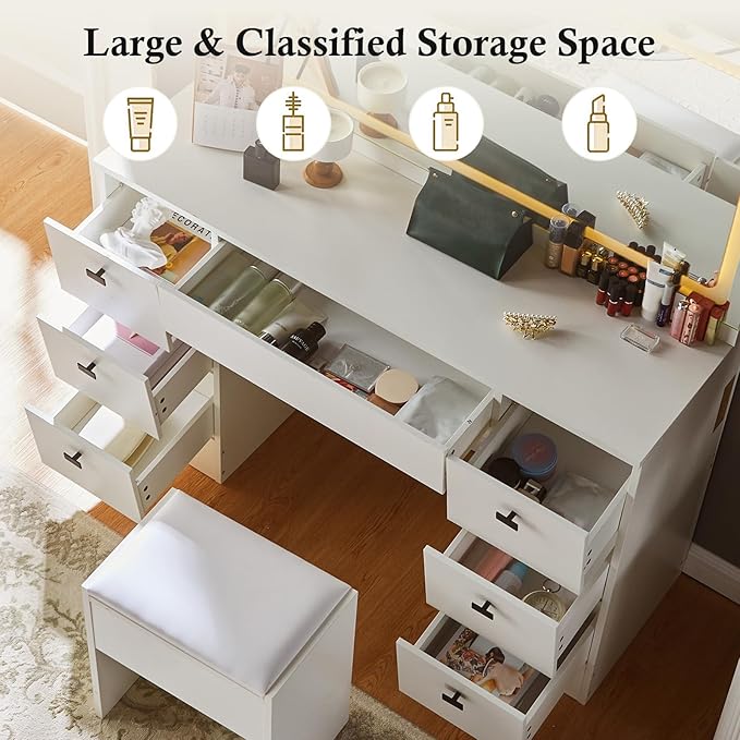 Makeup Vanity Desk with Large Lighted Mirror, Makeup Table with 7 Drawers, Touch Control 3 Color Modes & Adjustable Brightness LED Strip, Bedroom Dressing Table with Cushioned Stool (White)