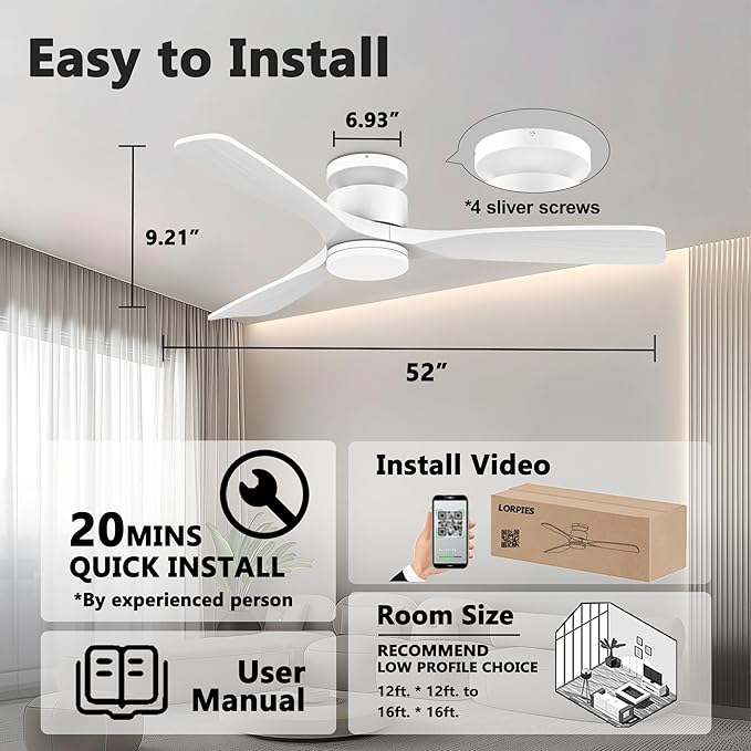 52 Inch Smart Low Profile Ceiling Fans,Solid Wood Outdoor Indoor Ceiling Fan with Lights Remote,WIFI Alexa App Control,Quiet DC Motor,Dimmable LED,Modern Flush Mount Fan for Bedroom Patio,White
