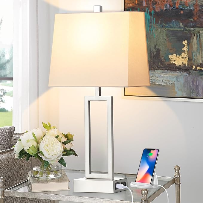 Touch Control Table Lamps for Living Room, 3-Way Dimmable Modern Table Lamp with USB A+C Charging Ports & AC Outlets, Bedside Contemporary Nightstand Desk Lamps with Fabric White Shade for Bedrooms