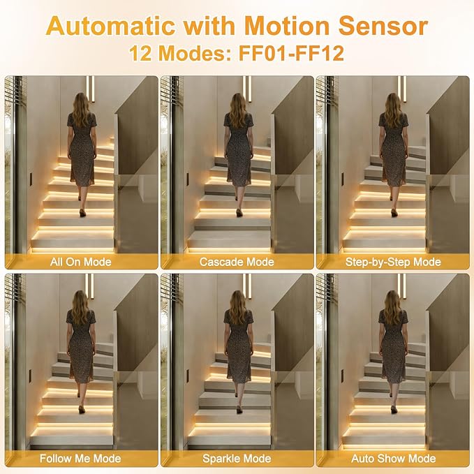 Intelligent Motion Sensor LED Stair Light Kit with Main Wire& Daylight Sensor, Step by Step Control 47.2 Inches Cuttable LED Strip Lights Indoor with Remote (16 Stairs,3000K)
