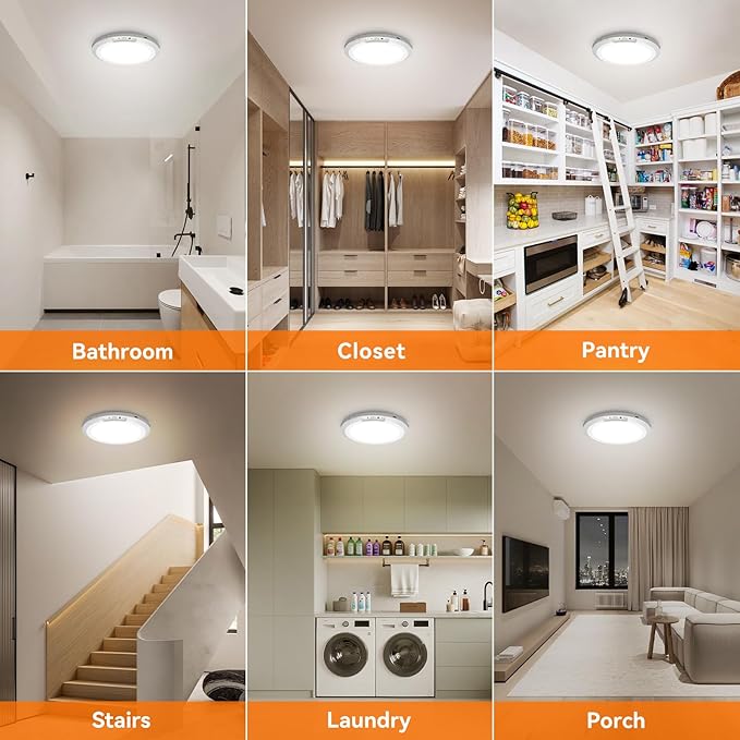 Rechargeable Motion Sensor Ceiling Light Indoor Outdoor w/Remote, 7.08 Inch Battery Operated Flush Mount Ceiling Light 3000K 4000K 6000K 400LM Dimmable for Closet Hallway Laundry Stairs (4)