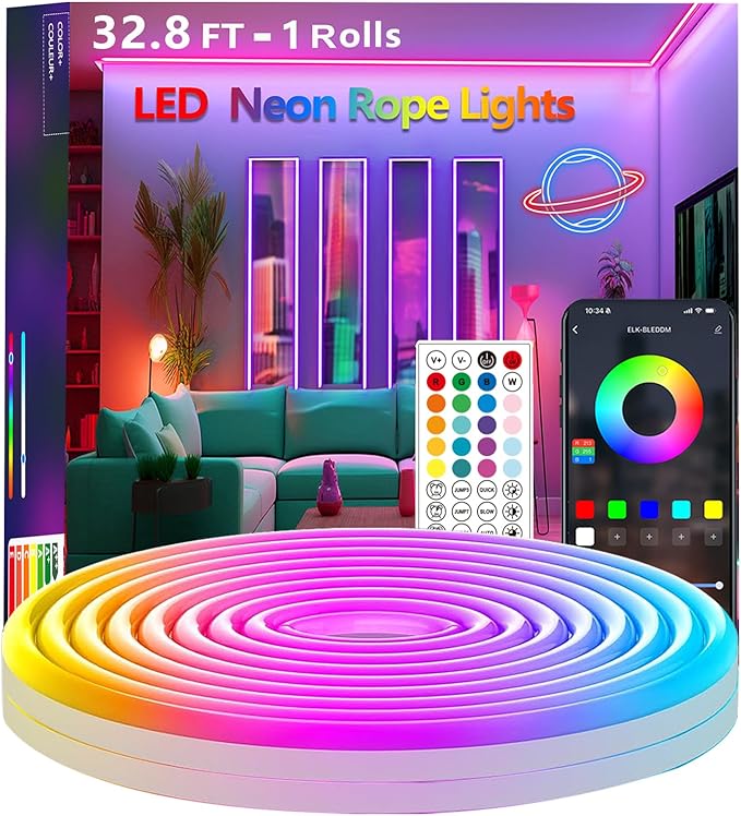 32.8FT Neon Rope Lights,Flexible Led Rope Light Control with App/Remote,Multiple Modes,Music Sync,IP65 Outdoor RGB Led Strip Lights Waterproof