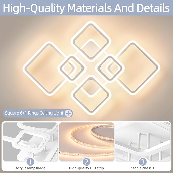 Modern Ceiling Light, 36.2'' LED Dimmable Acrylic Square 6+1 Rings Ceiling Lights with Remote, White Flush Mount Ceiling Light Fixture for Low Ceiling Bedroom Living Room Dining Room, 130W