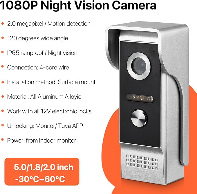 Wireless WiFi Video Doorbell Intercom System, 1080P Video Door Camera with Monitor, 7 Inch Touch Screen Video Door Phone, No Monthly Fees, Tuya APP Remote Intercom (Wired Power)