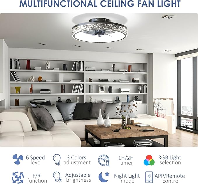 20" Smart RGB Ceiling Fan with Light and Remote/App Control. This bladeless fan has a sleek black design. It features a dimmable, color-changing RGB light. This makes it ideal for bedrooms, kids' room