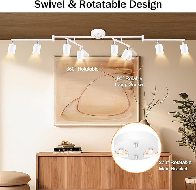 BoostArea LED 8 Light Track Lighting Kit, White 8 Way Ceiling Spot Lighting, Flexibly Rotatable Light Head for Kitchen, Living Room, Bedroom, GU10 Bulb Not Included