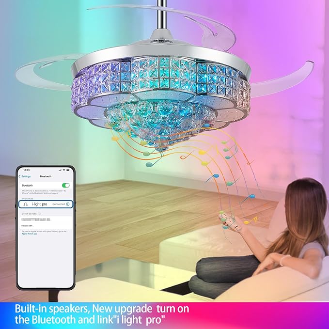 48" RGB Bluetooth Ceiling Fan with Light and Speaker, Retractable Blades Crystal Fandelier Music Player LED Chandelier Silver