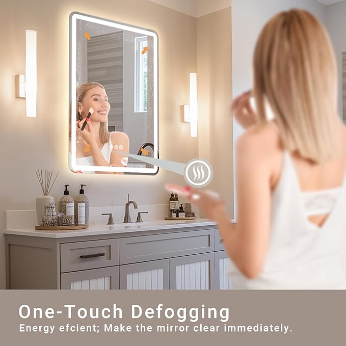 28"x 20" LED Bathroom Mirror with Stepless Dimmable, Backlight Wall Mirrors with Anti-Fog Bathroom Digital Mirror for Wall, 3 Color Modes, Memory Function Smart Mirror