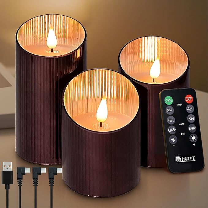 Rechargeable Flameless Candle, Flickering LED Pillar Glass Fake Candle with Remote and Timer, Built-in Battery Real Wax Electronic Candle for Room Decoration, Set of 3