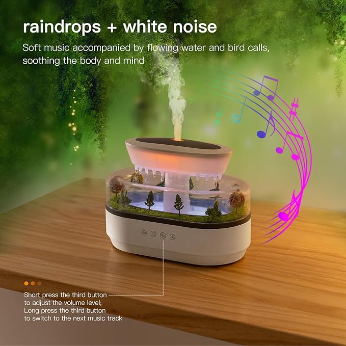 Essential Oil Diffuser 250ML Cloud Humidifier Rain Water Drip Diffuser Humidifier with Drip Music Micro Landscape Ultrasonic Diffuser for Bedroom Office Hotel (White Grey)