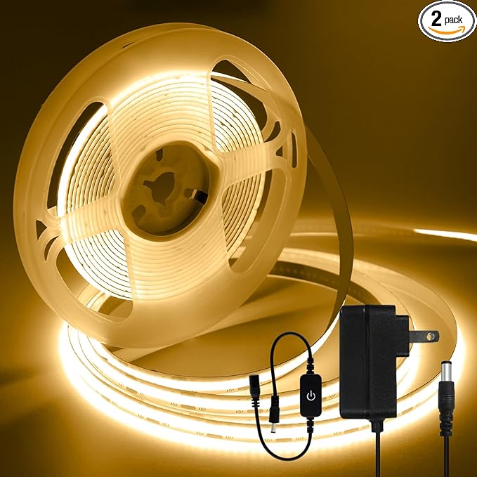 iNextStation 16.4FT 5M Warm White COB LED Strip Light, 3000K DC12V CRI 93+ Led Lights Strips, 1600LEDs Dimmable Strip Lights, Flexible LED Tape Lights for TV Backlight, Bedroom(with Plug)