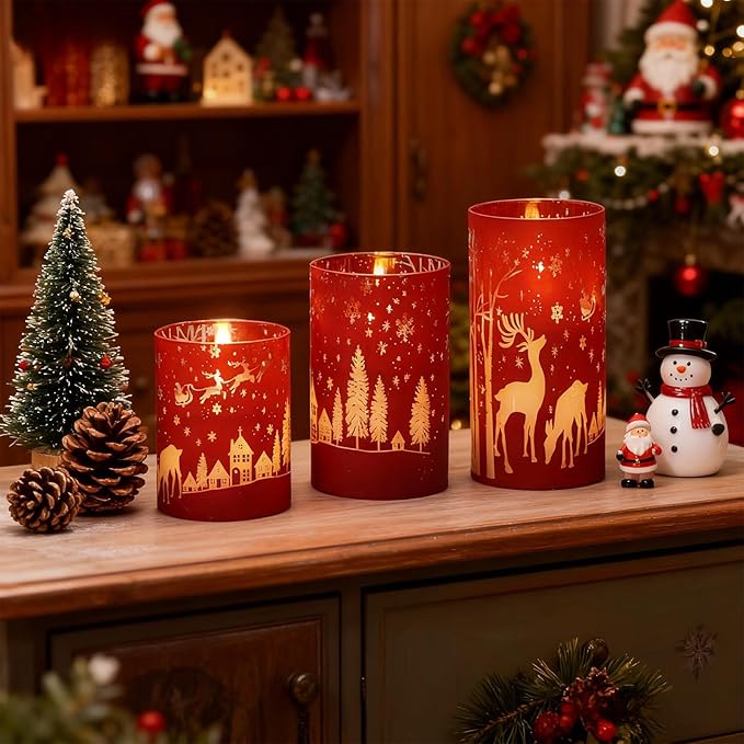 Wondise Red Christmas Reindeer LED Flameless Candles with Remote Timer, Electroplate Glass Battery Operated Real Wax Flickering 3D Wick Pillar Candles for Christmas Holiday Home Decoration
