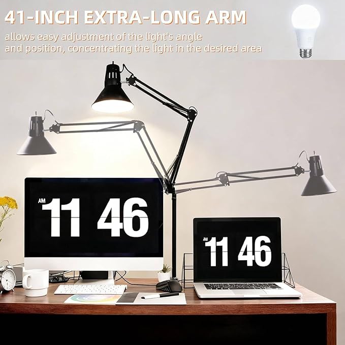2 Pack LED Desk Lamp Dimmable with Clamp, Eye-Caring Clip on Lights for Home Office, 3 Adjustable Color Temperature, Extra Tall Metal Swing Arm, High Intensity Clamp w/A19 E26 Bulb for Working Reading