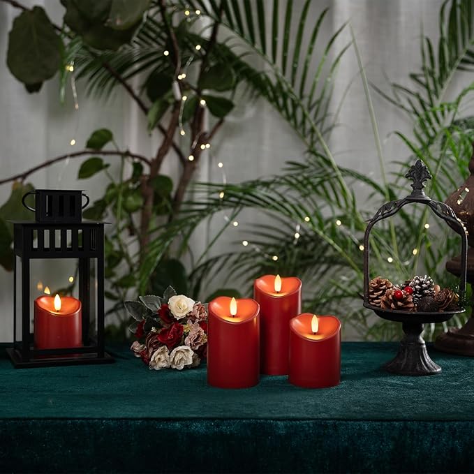 Homemory Burgundy Flameless Candles, Waterproof Flickering Flameless Candles, Outdoor Battery Operated LED Pillar Candles with Remote Timer, Electric Fake Plastic Candles, D3 x H4 5" 6", Red, 3 Pack