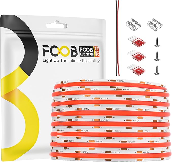 COB Red LED Strip Light 16.4FT 12V Flexible High Density Uniform Bright 480LEDs/m Strips CRI90+ 8MM Width Dimmable COB LED Tape for Cabinet Kitchen Indoor Decor, No Adapter/Controller