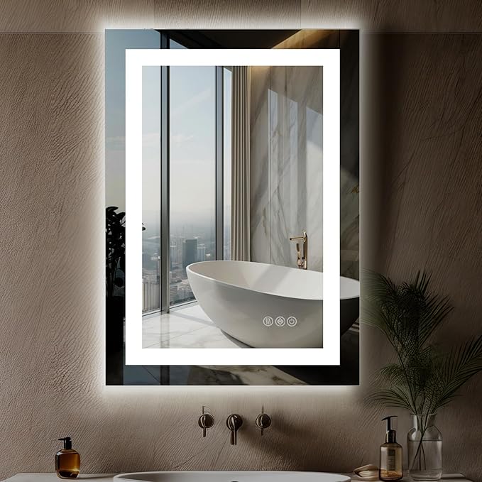 Antok 20"x 28" LED Bathroom Mirror with Lights, Anti-Fog, Dimmable, Lighted Vanity Mirror with Tempered Glass, Memory Function, 3 Light Modes, Safe Use, Horizontal, Vertical, Wall Mount