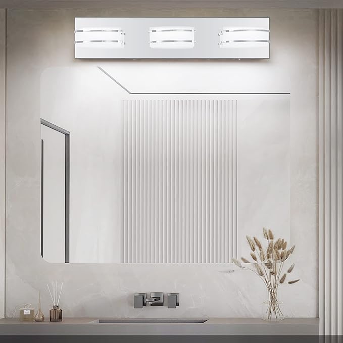 3 Color Temperature Dimmable Bathroom Light Fixtures Over Mirror, LED Chrome 3 Light Vanity Lighting Fixtures, Acrylic Stainless Steel Oval Shade Vanity Lights for Bathroom, ETL Certificated