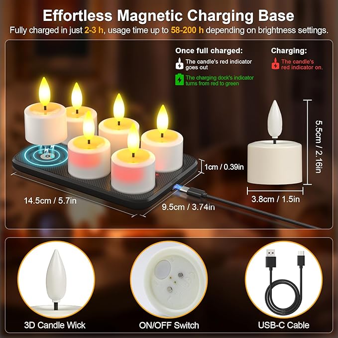 PChero Rechargeable Waterproof Tea Lights with Remote & Magnetic Charging Base, Battery Operated Flameless Candles with Timer, 6 Pack LED Votive Candles Flickering, 100+H Lasting, 1.5" D x 2.16" H