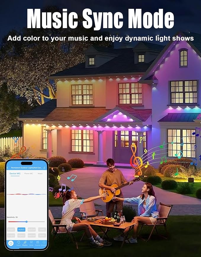 Permanent Outdoor Lights for House, 200Ft Smart RGB+IC Outdoor Decor Lights, 75 Scene Modes, APP & Remote Control, IP67 Waterproof, for Christmas, Daily & Holiday, House Roof Lighting