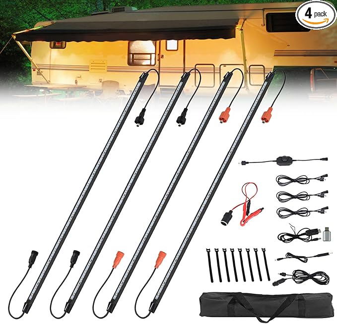 12V LED Interior Light Bar Kit Dimmable IP67 Waterproof Camping String Lights, 2 Bars White & 2 Bars Amber Aluminum Magnetic Mount Exterior Lights for RV, Camping Tent,Car