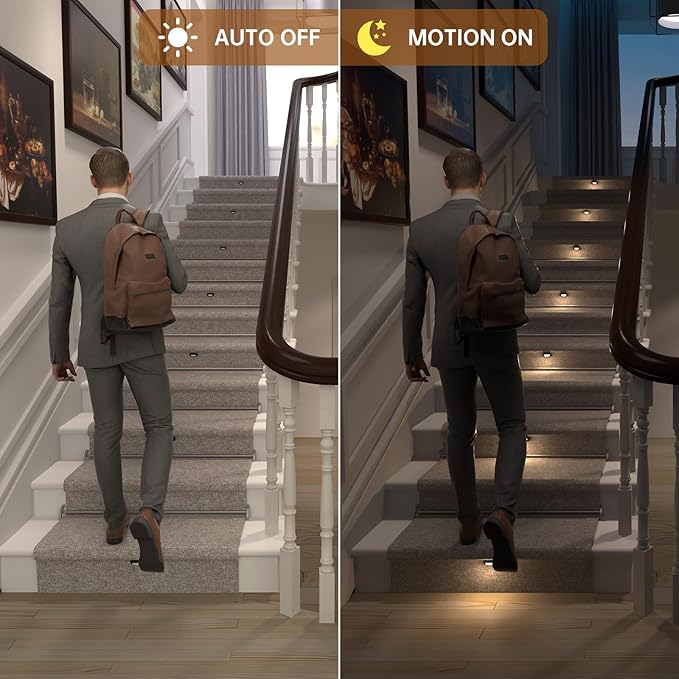 Motion-Activated LED Stair Lighting Kit RW-5620-B, Warm White 2700K Mini LED Light Bulbs Suilt For Indoor Carpeted Or Wooden Staircase (8 Bulbs)