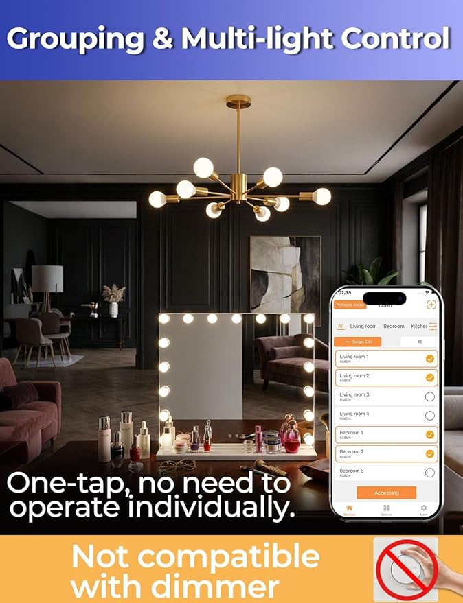 ILC G25 Globe Light Bulbs, App-Controlled Vanity Light Bulbs with Bluetooth Mesh, Color Changing, 1600 Million Colors, 6W, 60W Equivatlent, 600LM, CCT: 2700K-6000K, CRI>95+, E26 Base (6 Pack)