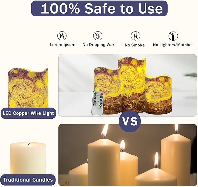 Remote Flameless Candles 4" 5" 6" - Set of 3 Van Gogh Starry Night Design LED Pillar Candles Battery Operated with Timer for Home Decor Indoor Outdoor,PLT3P-StaNit