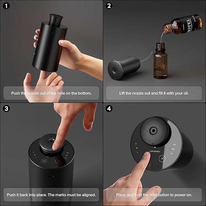 Airversa Waterless Essential Oil Diffuser Starter Kit with 4 x 10mL Fragrance Scent Oil, Battery Operated Mini Scent Air Machine Portable Diffuser for Home Car Office, ANX Titanium Kit-A