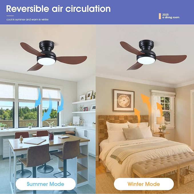 36 Inch Ceiling Fans with Lights, Small Flush Mount Ceiling Fan, Remote/APP Control, 3 Reversible Curved Blades, 6 Speeds, 3 CCT Dimmable Lights for Bedroom Kids Room, Brown